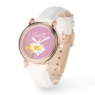 Montre Monogramme personnalisé Fleur sauvage de marguerit