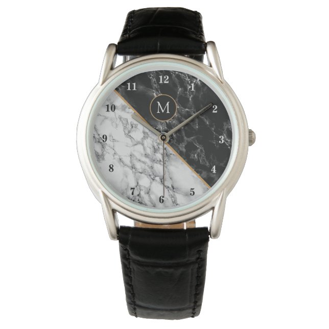 Montre Monogramme personnalisé Monographie noir marbre bl (devant)