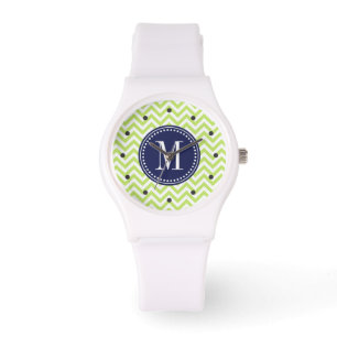 Montre Monogramme personnalisé par zigzag vert de Chevro