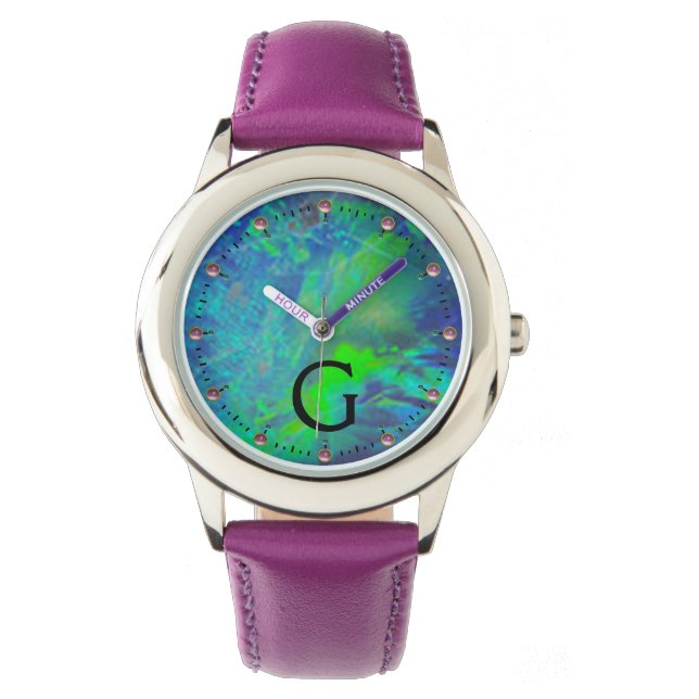 MONTRE MONOGRAMME PHOTO OPAL BLEU VERT ABSTRAIT (devant)