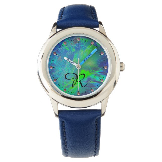 MONTRE MONOGRAMME PHOTO OPAL BLEU VERT ABSTRAIT (devant)