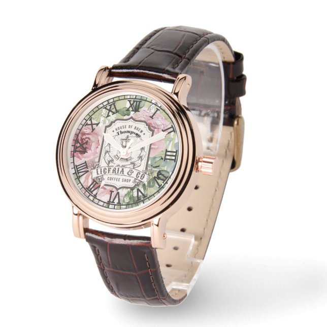Montre Monogramme romantique rose et vert botanique franç (Angle)