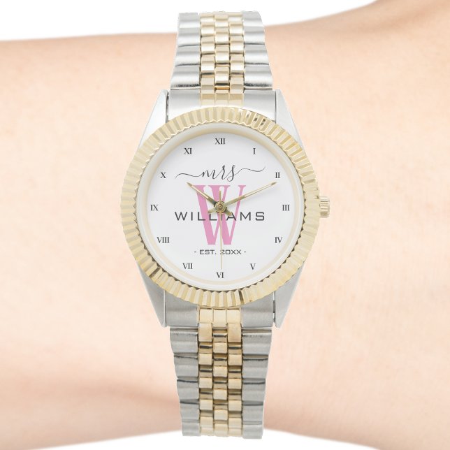 Montre Monogramme Rose Femme Épouse Mme Mariage Anniversa (mrs wife monogram roman numeral two tone watch)