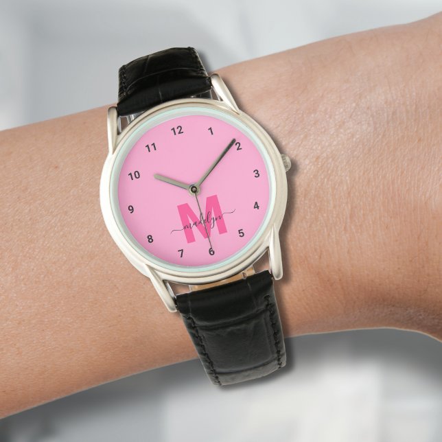 Montre Monogramme Rose Minimaliste Élégant (Elegant Minimalist Pink Monogram Watch)