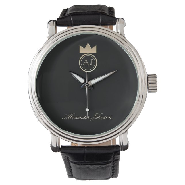 Montre Monogramme Royal Gold Crown, Nom noir élégant (devant)