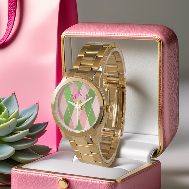 Montre Monogramme tendance Jacquard rose et vert or (Stylish Pink and Green Gold Argyle Monogrammed Watch )