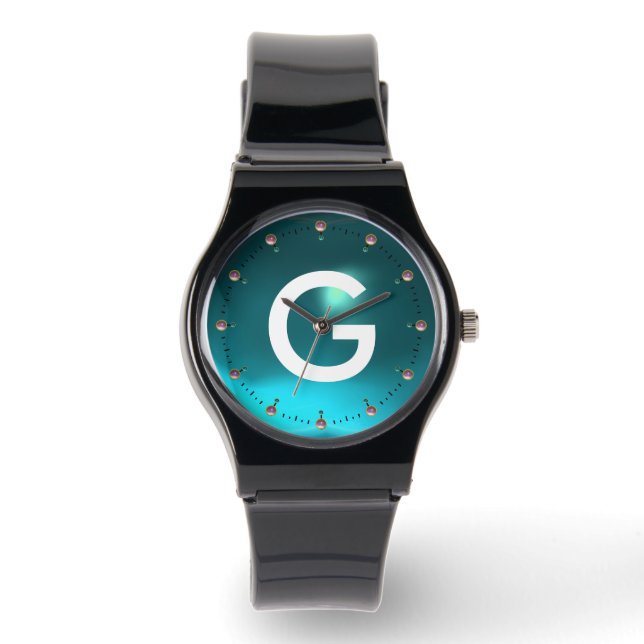 MONTRE MONOGRAMME TURQUOISE EN PIERRE D'AQUAMARINE BLEU I (Recto)
