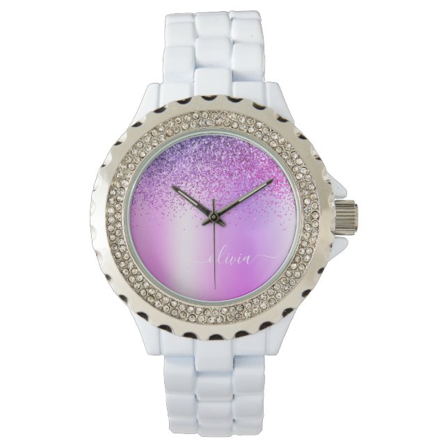 Montre Monogramme Violet Pailleté Étincelle Féminin Scrip (devant)