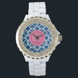 Montre Monogrammes de Motif géométrique rose et bleu chau<br><div class="desc">Un design en zag graphique et audacieux, aux couleurs fraîches et joyeuses. Si vous devez ajuster le monogramme, cliquez sur le bouton customiser et apporter des modifications.</div>