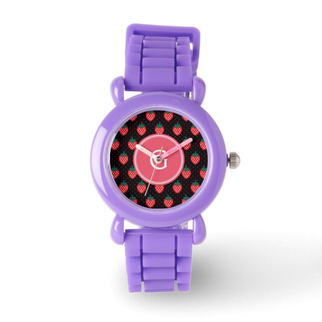 Montre Monographie motif de fraise rose noire mignonne (Recto)