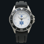 Montre Monographie personnalisée en bleu|blanc EMT<br><div class="desc">Montre monogramme bleu et blanc, avec un symbole EMT médical et une tache pour le nom du destinataire du cadeau et le nom de famille monogramme initial. Un grand cadeau pour toute personne qui est un EMT / PARAMEDIC ou même un pompier ou un volontaire, ou tout membre fier de...</div>