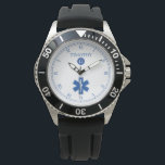 Montre Monographie personnalisée en bleu|blanc EMT<br><div class="desc">Montre monogramme bleu et blanc, avec un symbole EMT médical et une tache pour le nom du destinataire du cadeau et le nom de famille monogramme initial. Un grand cadeau pour toute personne qui est un EMT / PARAMEDIC ou même un pompier ou un volontaire, ou tout membre fier de...</div>