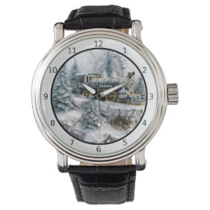 Montre Montagnes enneigées avec train à vapeur art IA