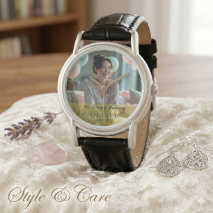 Montre Monument Funéraire Personnalisé Photo Cuir Noir Cl