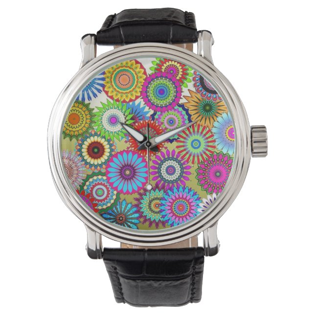 Montre Mosaic Pinwheel Vintage Cuir Strap Black Watch (devant)