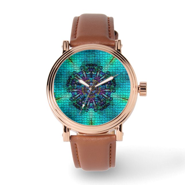 MONTRE MOSAÏQUE FRACTALE ABSTRAITE TURQUOISE (Recto)