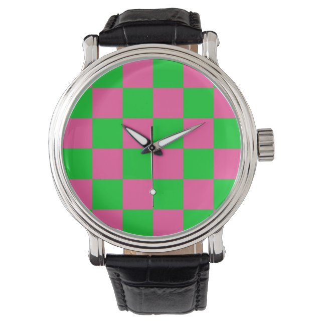 Montre Motif À damiers chèque rose vert (devant)