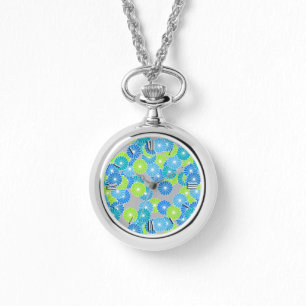 Montre Motif à fleurs Art Déco - bleu et vert citron