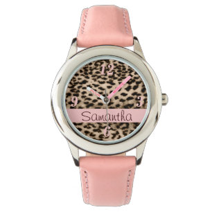 Montre Motif animal, brun, rose, monogramme