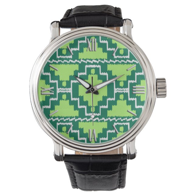 Montre Motif Aztec Ikat - Forêt et Vert Citron (devant)