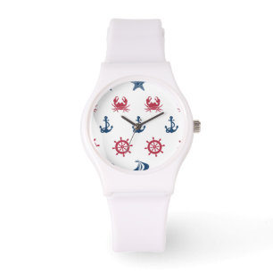 Montre Motif blanc et bleu rouge de symbole de mer