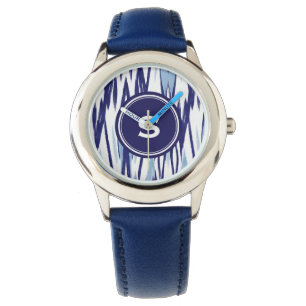 Montre Motif bleu et blanc chic d'ikat d'aquarelle