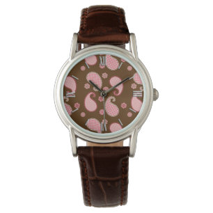Montre Motif cachemire, rose corail et marron chocolat