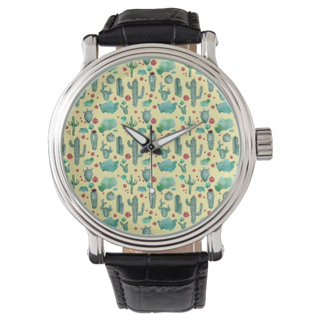Montre motif cactus et ladybug - arrière - plan jaune (devant)