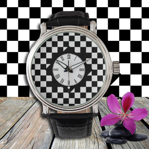 Montre Motif carré noir et blanc coché / Retro Watch