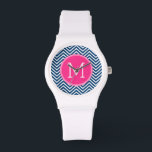 Montre Motif Chevron avec Monogram - Navy Magenta<br><div class="desc">Un design populaire avec une zone pour ajouter vos initiales. Couleurs et motifs tendance pour votre téléphone. Si vous devez ajuster les monogrammes, cliquez sur le bouton personnaliser et apporter des modifications.</div>