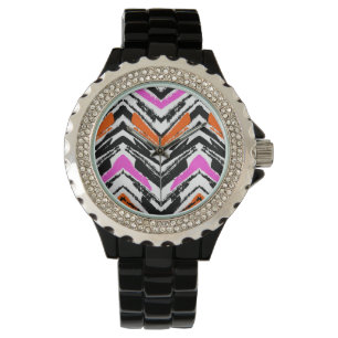 Montre Motif Chevron Noir, Orange Et Rose