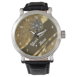 Montre Motif damassé brun doré et or