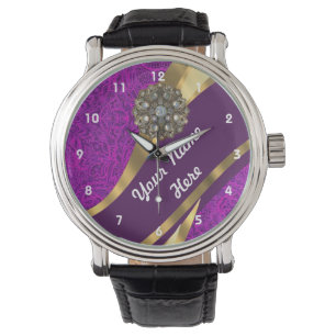 Montre Motif damassé fleuri pourpre et or