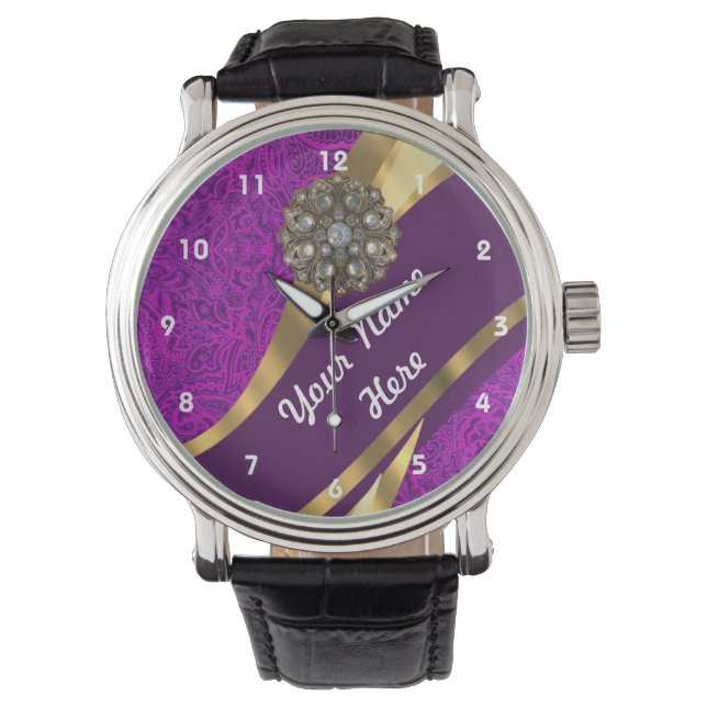 Montre Motif damassé fleuri pourpre et or (devant)