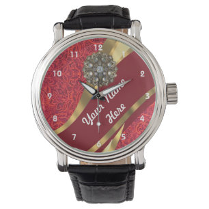 Montre Motif damassé fleuri rouge et or