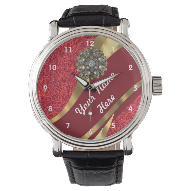 Montre Motif damassé fleuri rouge et or (devant)