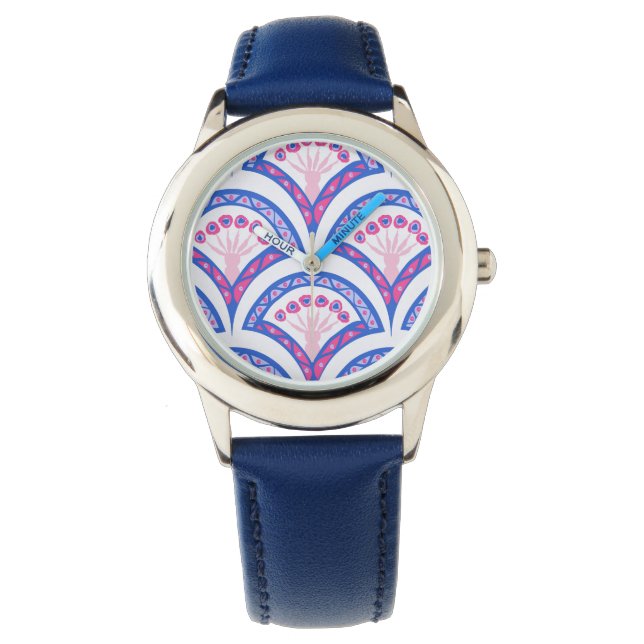 Montre motif damassé floral bleu (devant)
