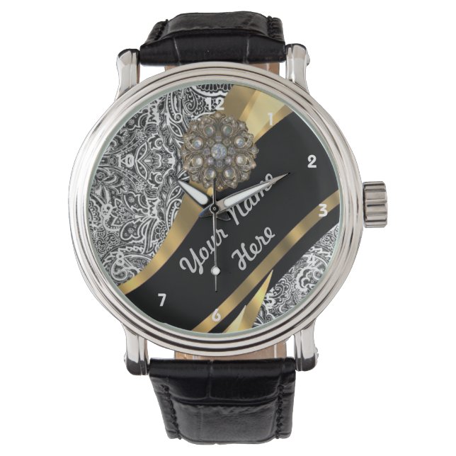 Montre Motif damassé floral noir et blanc (devant)