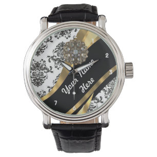 Montre Motif damassé floral or et noir