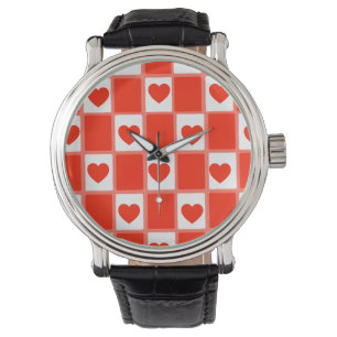 Montre Motif Damier à Cœur Rouge Rétro