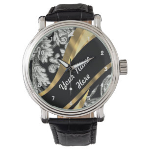 Montre Motif damier floral blanc et noir et or