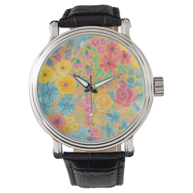 Montre Motif d'aquarelle florale en jaune (devant)