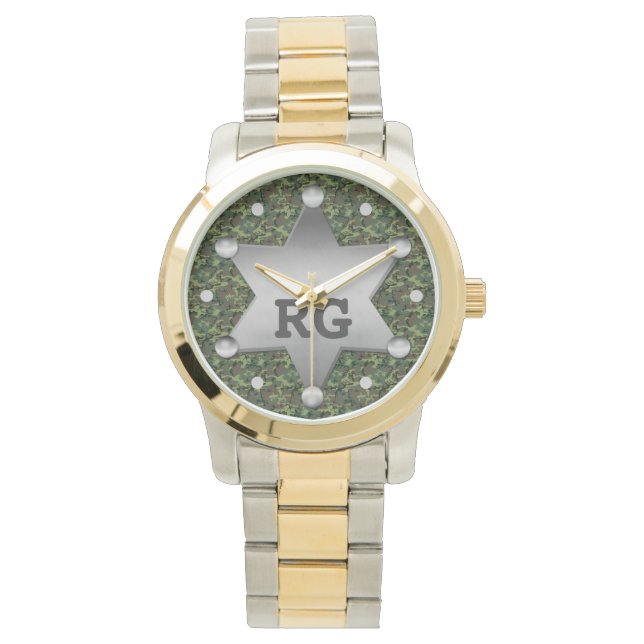 Montre Motif de camouflage vert Sheriff Badge Monogramme (devant)