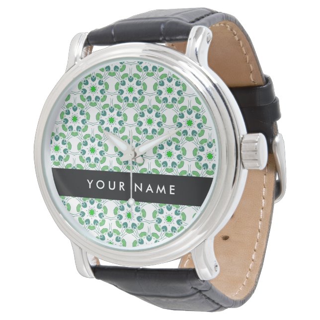 Montre Motif de feuille, feuilles vertes, votre nom (Incliné)