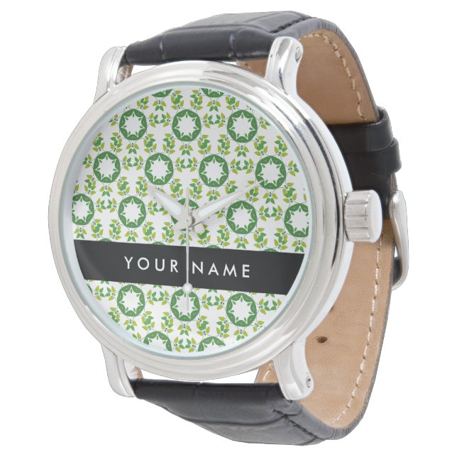 Montre Motif de feuille, Feuilles vertes, Votre nom (Incliné)