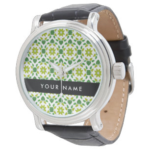 Montre Motif de feuille, feuilles vertes, votre nom