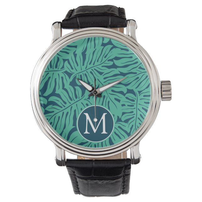 Montre Motif de feuille tropicale Monstera | Monogramme (devant)