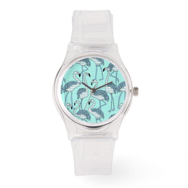 Montre Motif de Flamants roses Turquoise rayé (Recto)