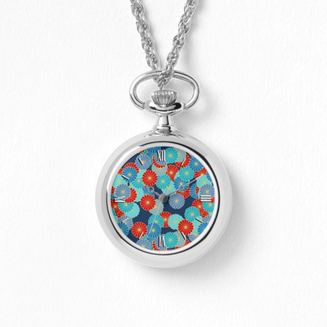 Montre Motif de fleurs Art Déco - bleu, turquoise et roug (Recto)