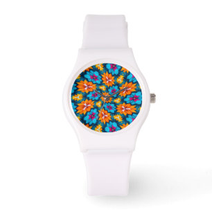 Montre Motif de fleurs bleues et orange